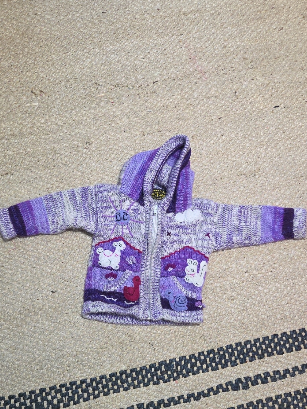 Purple Hooded Baby Zip Up with Animal Appliqués